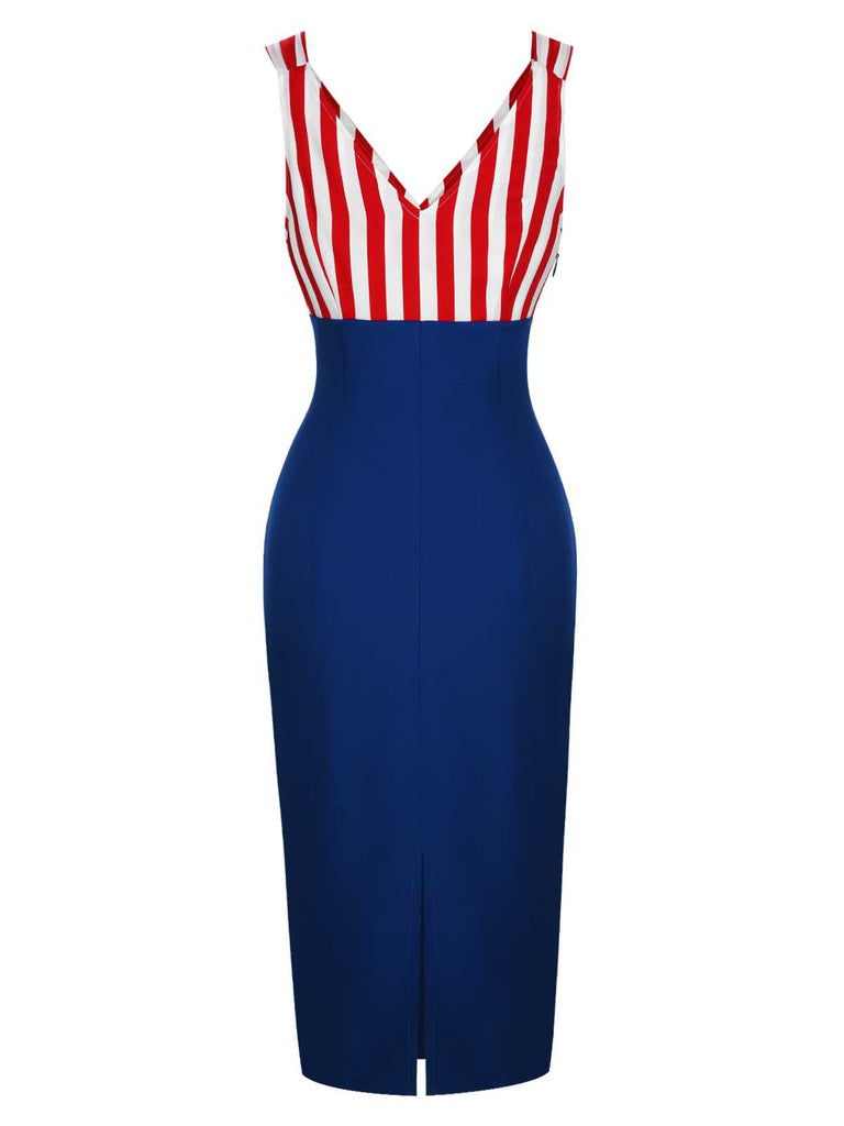 [Pre-Sale] 1960s V-Neck Red Blue Contrast Stripes Dress