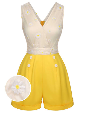 ‍Yellow 1950s V-Neck Daisy Mesh Romper (75% off)