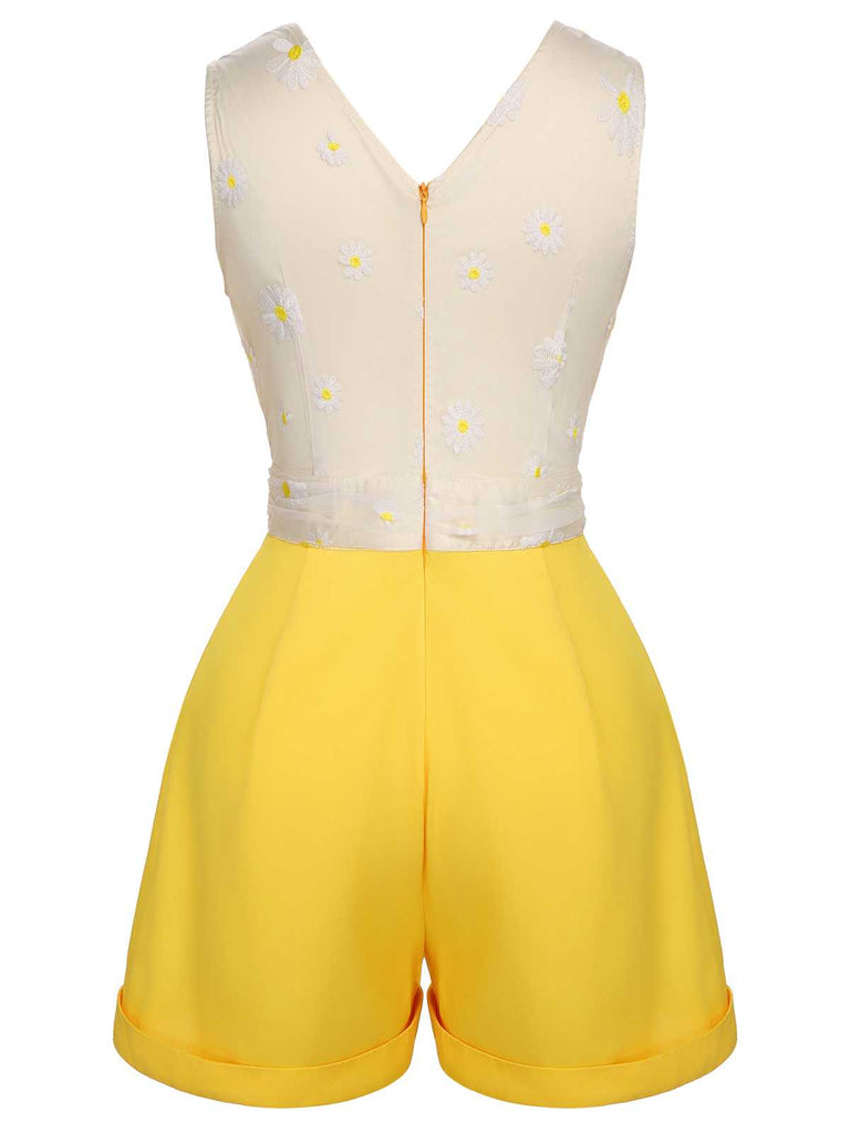 Yellow 1950s V-Neck Daisy Mesh Romper