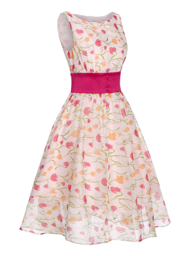 1950s Boat Neck Tulip Button Sleeveless Dress