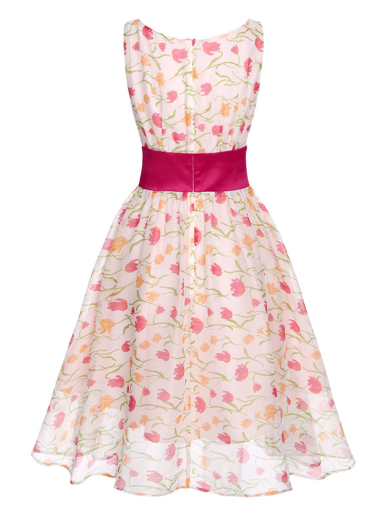 1950s Boat Neck Tulip Button Sleeveless Dress