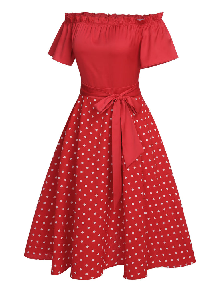 Red 1950s Off-Shoulder Polka Dots Belted Dress
