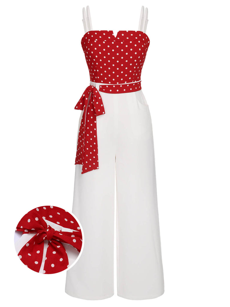 Red 1950s Polka Dot Spaghetti Strap Jumpsuit Retro Stage
