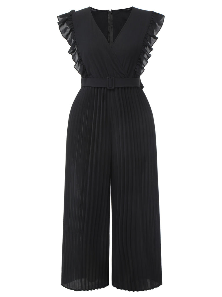 [Plus Size] Black 1930s Ruffle V-Neck Pleated Jumpsuit
