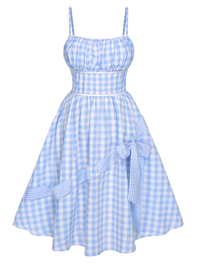 [Pre-Sale] Blue 1950s Spaghetti Strap Plaids Bow Decor Dress