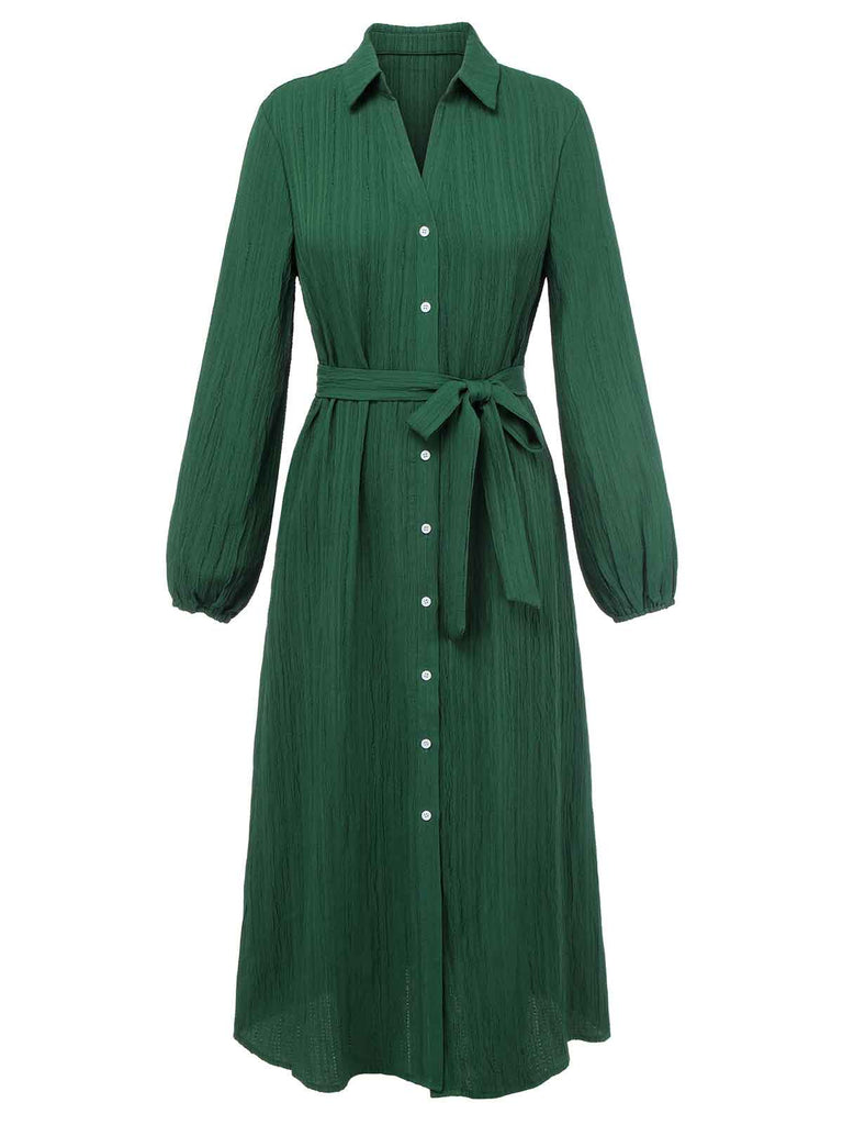 Green 1960s Lapel Loose Belted Dress