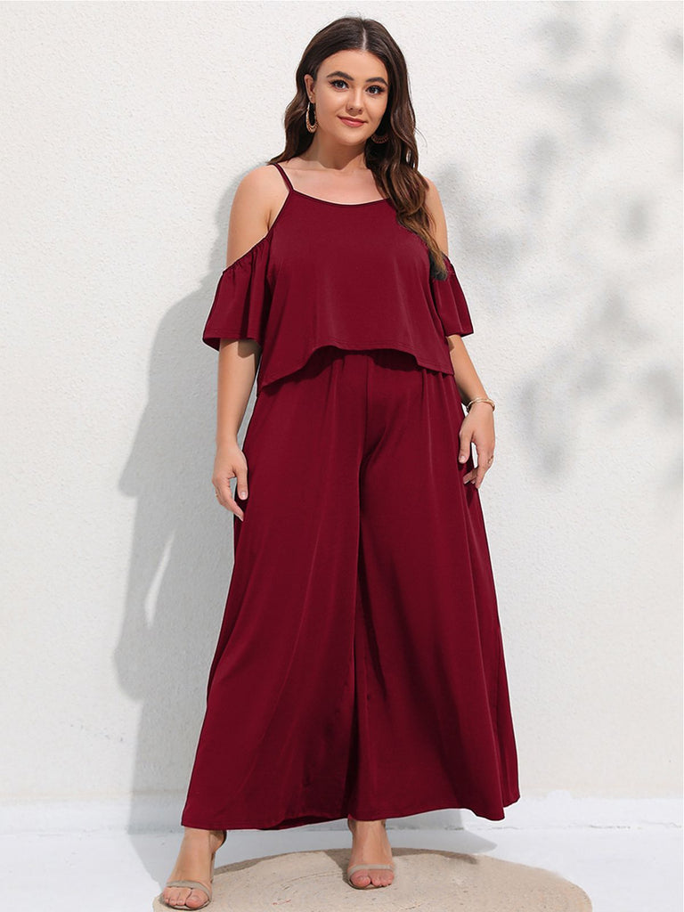 [Plus Size] 2PCS Wine Red 1960s Cold Shoulder Top & Pants