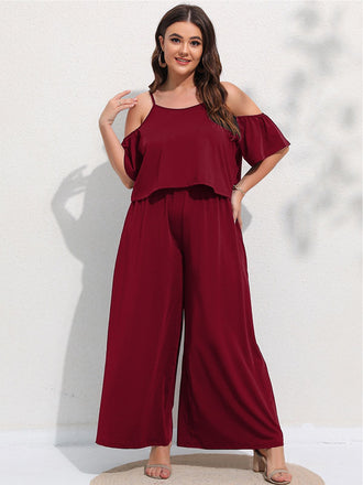 [Plus Size] 2PCS Wine Red 1960s Cold Shoulder Top & Pants