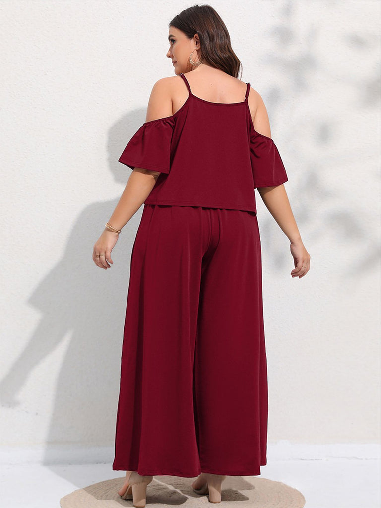 [Plus Size] 2PCS Wine Red 1960s Cold Shoulder Top & Pants