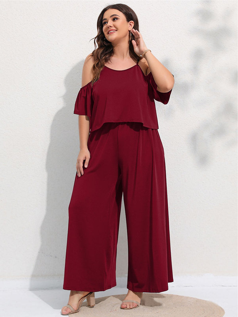 [Plus Size] 2PCS Wine Red 1960s Cold Shoulder Top & Pants