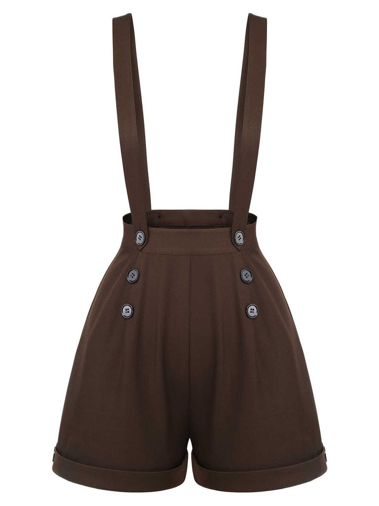 Deep Brown 1940s Buttons Overalls Shorts