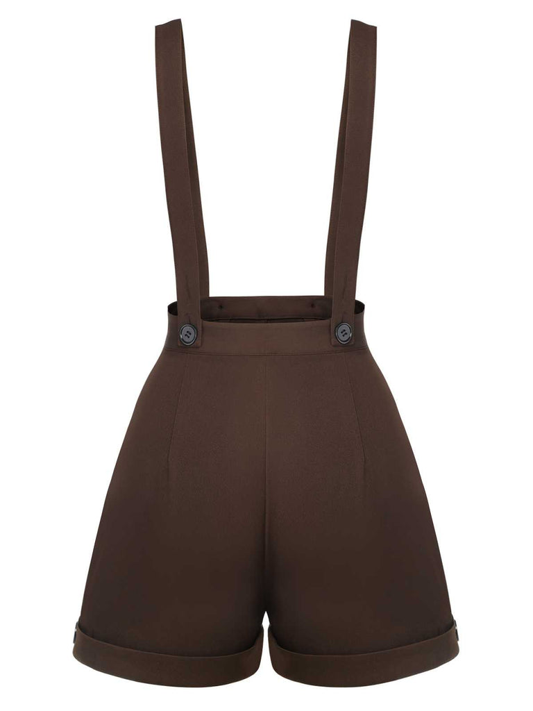 Deep Brown 1940s Buttons Overalls Shorts