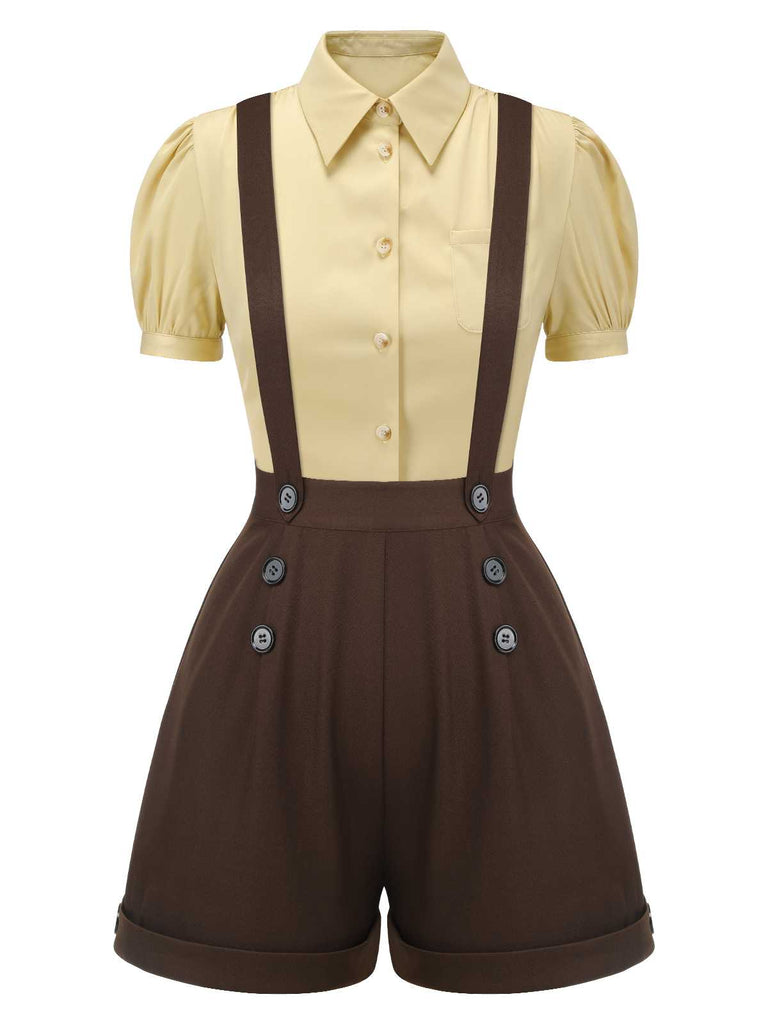 2PCS 1940s Lapel Blouse & Buttons Overall Shorts