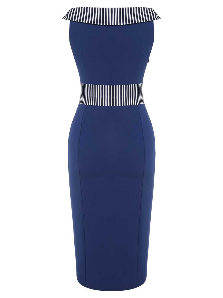 Dark Blue 1960s Buttoned Stripes Dress