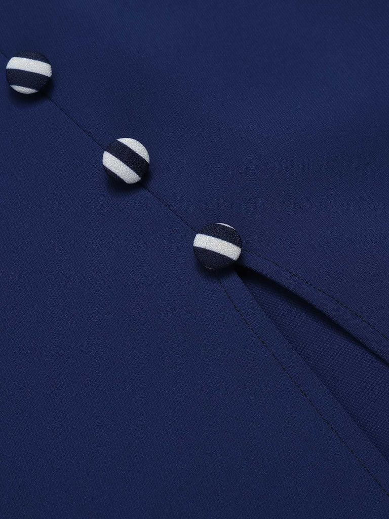 Dark Blue 1960s Buttoned Stripes Dress