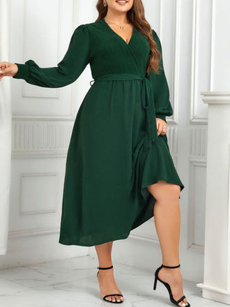 [Plus Size] Green 1940s V-Neck Solid Belted Dress