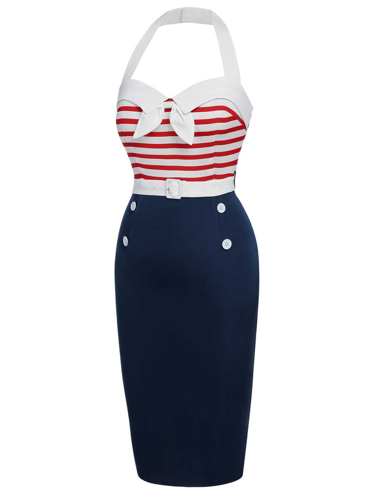 [Pre-Sale] 1960s Halter Stripes Bow Belted Dress