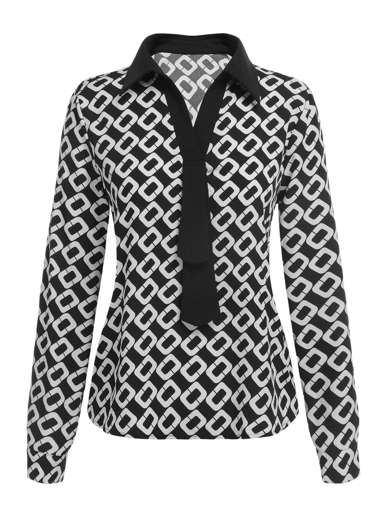 Black 1940s Geometric Patchwork Ribbon Blouse