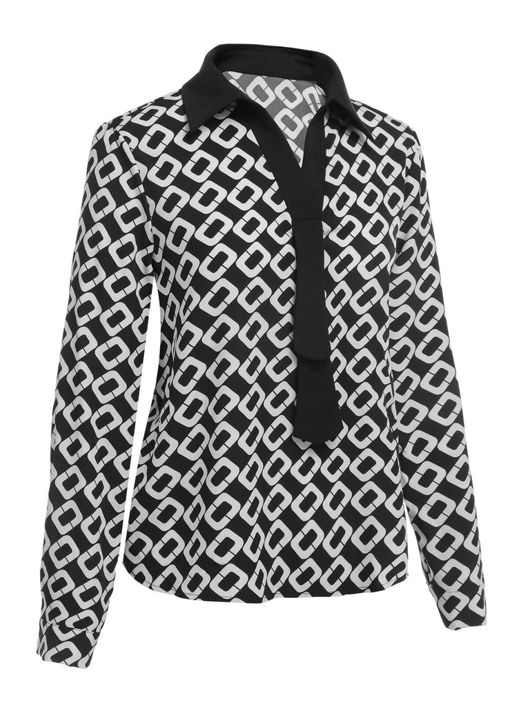 Black 1940s Geometric Patchwork Ribbon Blouse