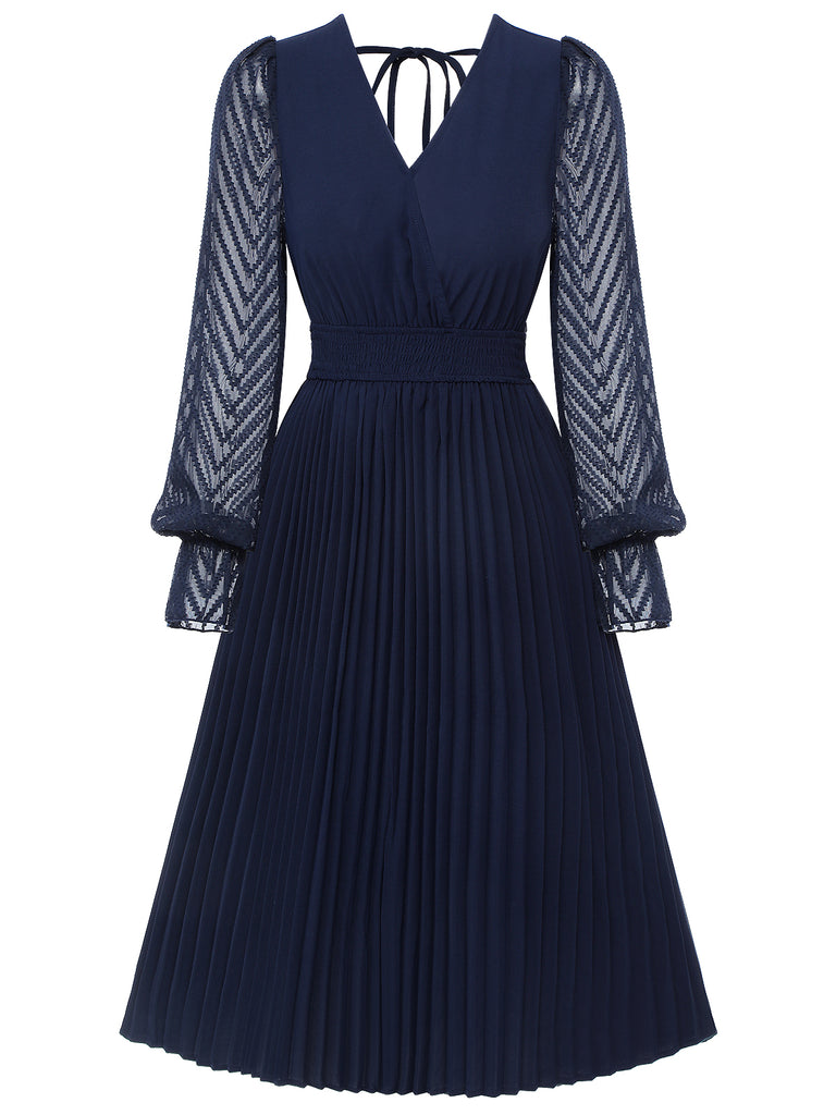 Dark Blue 1960s Jacquard V-Neck Bishop Sleeve Dress