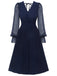 Dark Blue 1960s Jacquard V-Neck Bishop Sleeve Dress