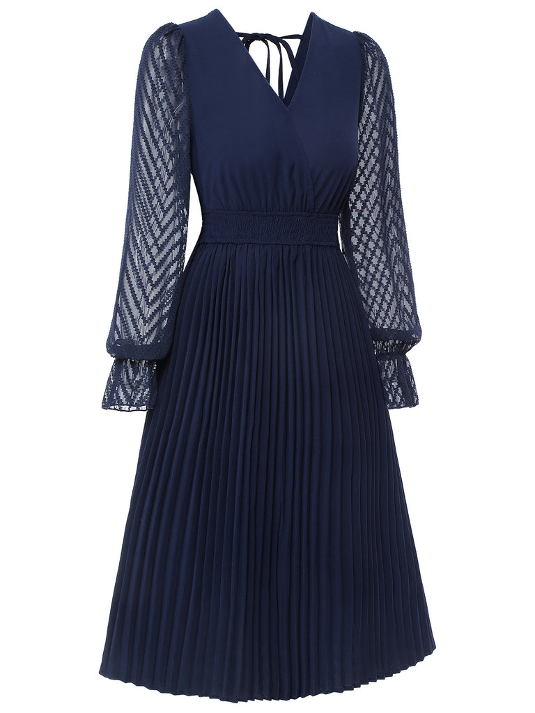 Dark Blue 1960s Jacquard V-Neck Bishop Sleeve Dress