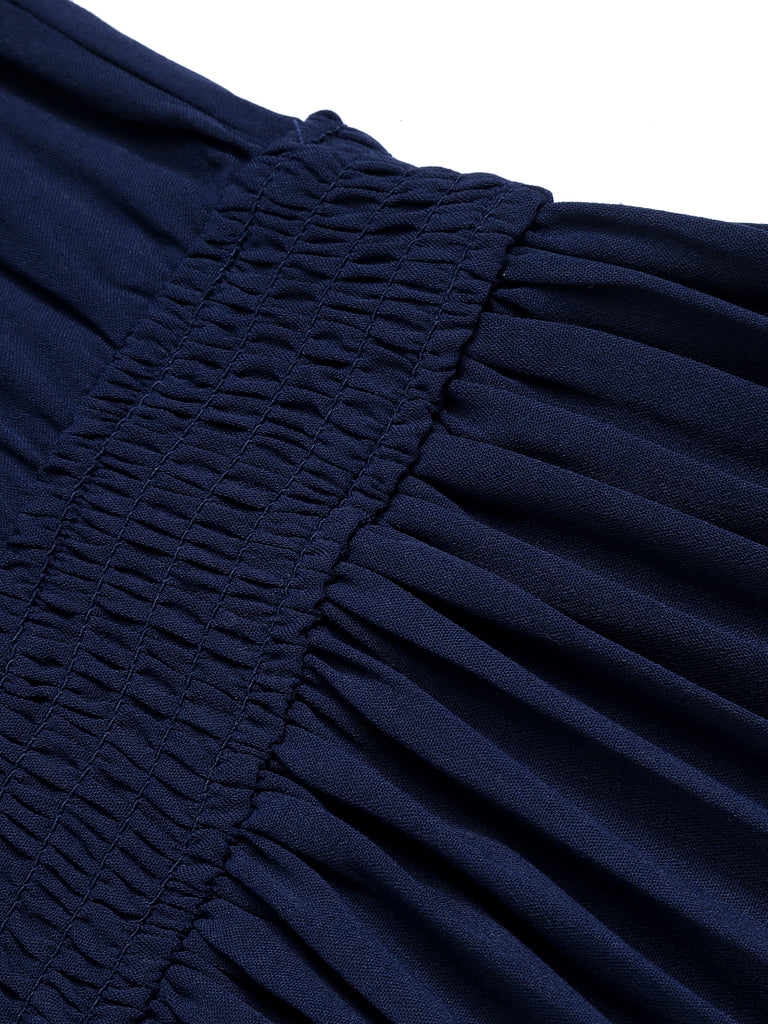 Dark Blue 1960s Jacquard V-Neck Bishop Sleeve Dress