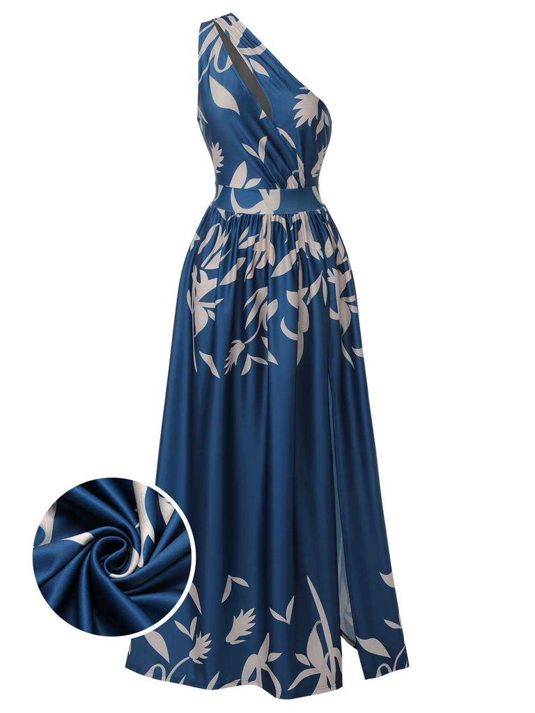 Blue 1940s One-Shoulder Plants Slit Dress