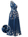 Blue 1940s One-Shoulder Plants Slit Dress
