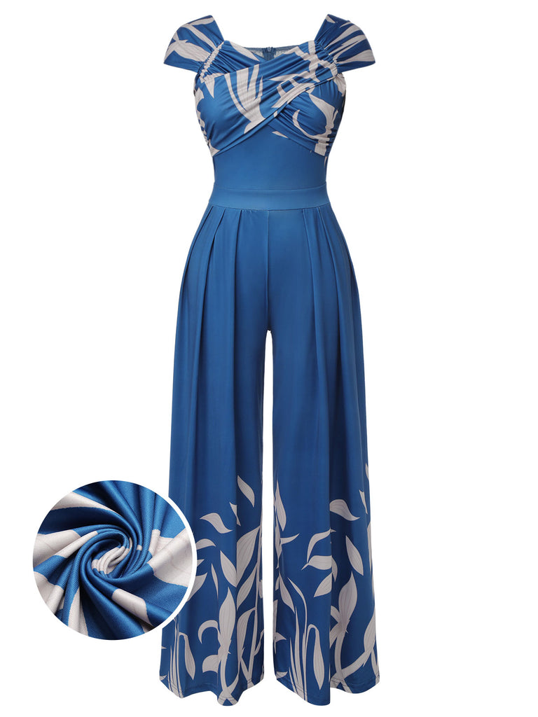Blue 1930s High-Waist Plant Print Jumpsuit