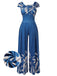 Blue 1930s High-Waist Plant Print Jumpsuit