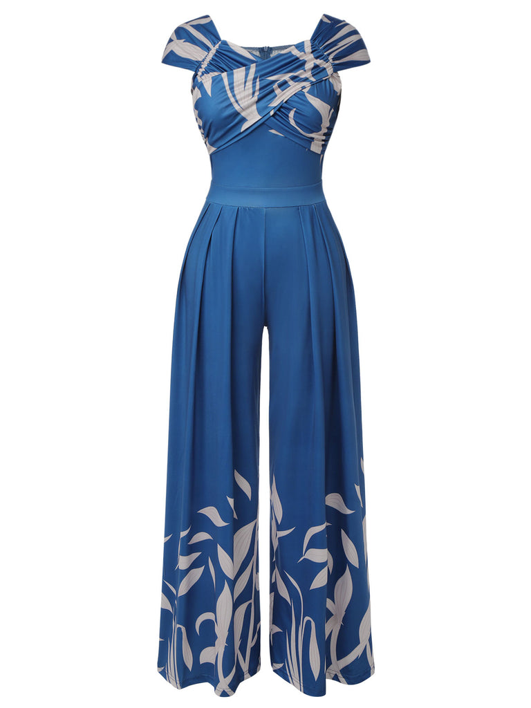 Blue 1930s High-Waist Plant Print Jumpsuit