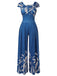 Blue 1930s High-Waist Plant Print Jumpsuit