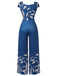 Blue 1930s High-Waist Plant Print Jumpsuit