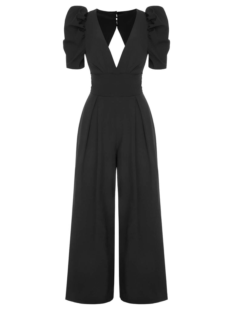 1930s Solid Deep V Puff Sleeves Jumpsuit