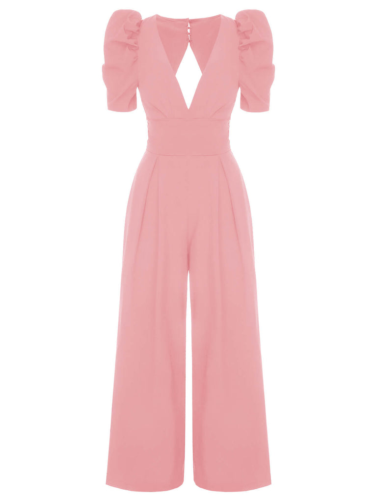 1930s Solid Deep V Puff Sleeves Jumpsuit
