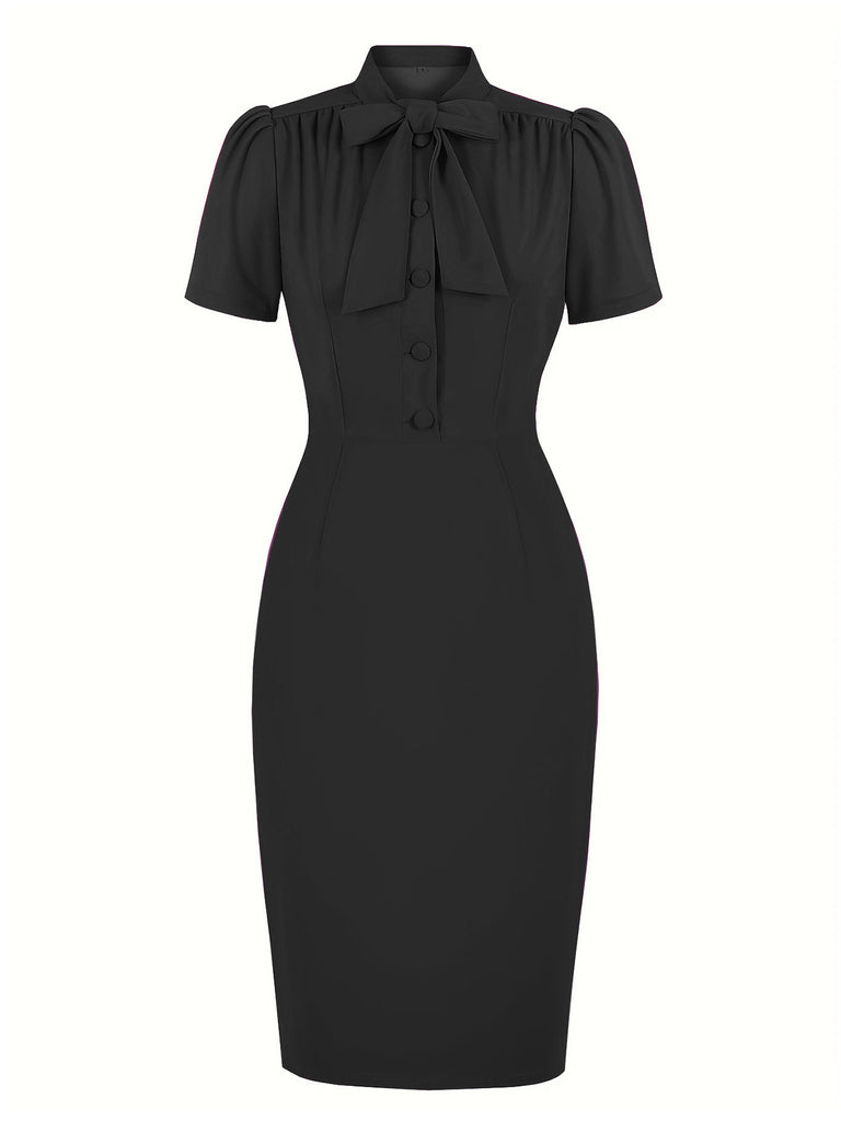 1960s Solid Tie Collar Pencil Dress