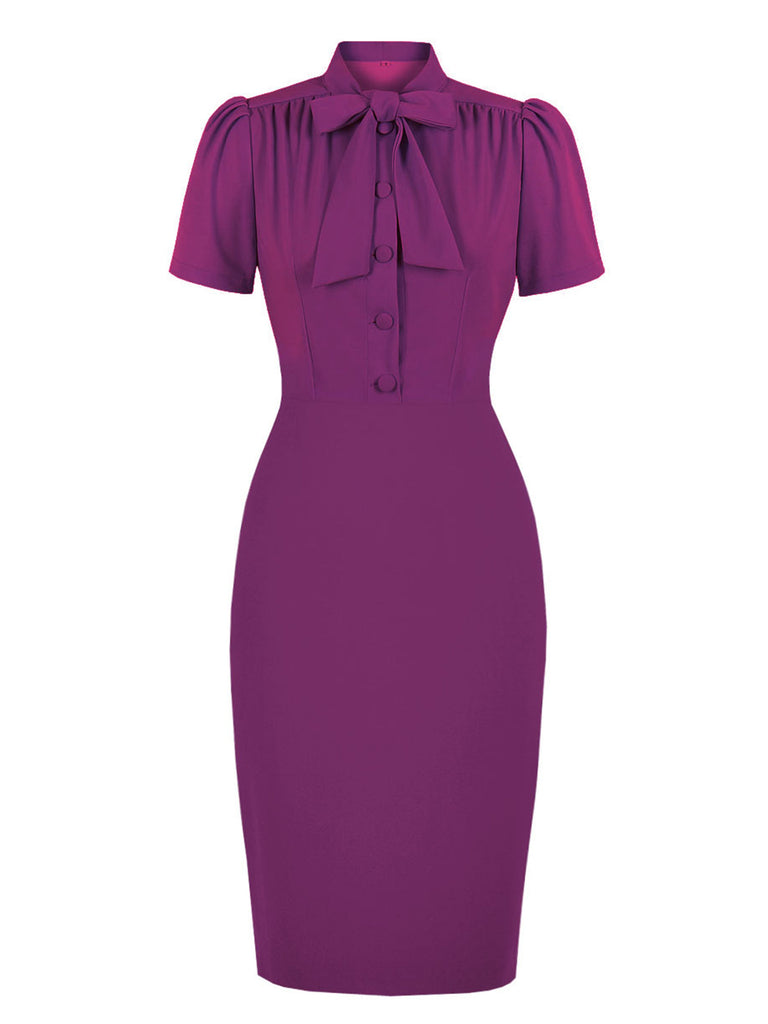 1960s Solid Tie Collar Pencil Dress