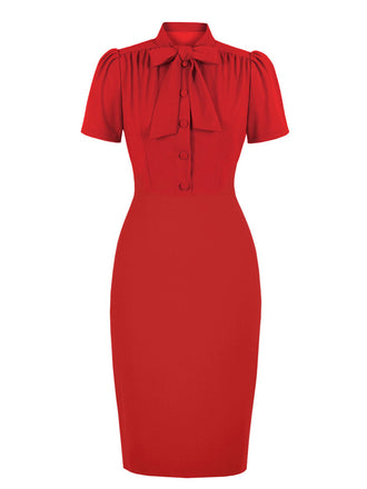 1960s Solid Tie Collar Pencil Dress