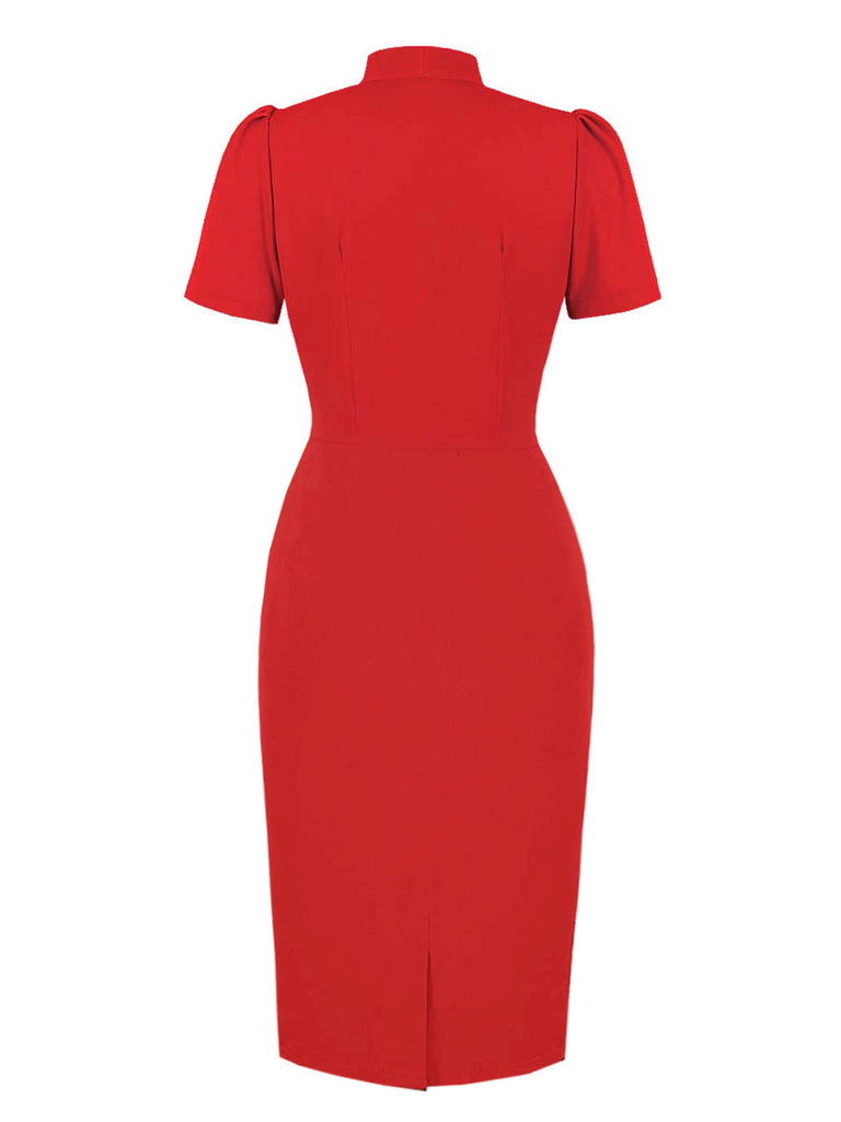 1960s Solid Tie Collar Pencil Dress