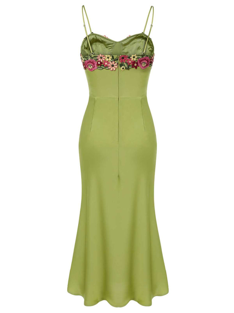 Green 1960s Spaghetti Strap 3D Floral Dress