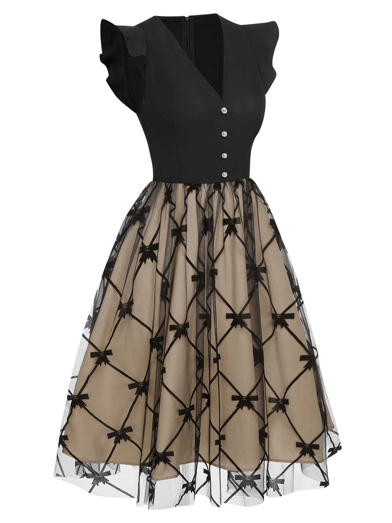 [Pre-Sale] Black 1950s V-Neck Bow Mesh Dress