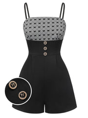 Black 1950s Bow Button Patchwork Strap Romper | Retro Stage