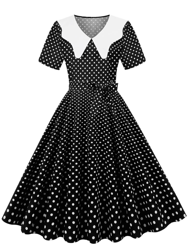 White Collar Polka Dot Swing Dress With Belt