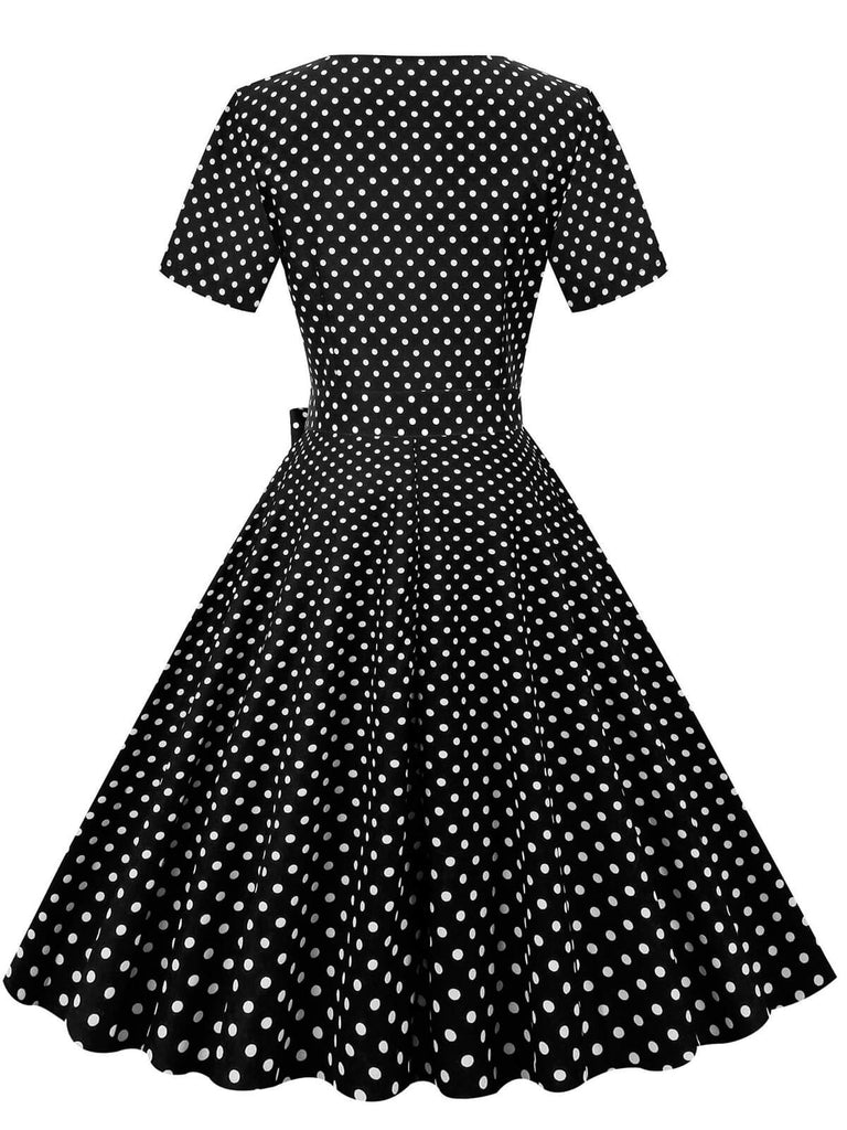 White Collar Polka Dot Swing Dress With Belt