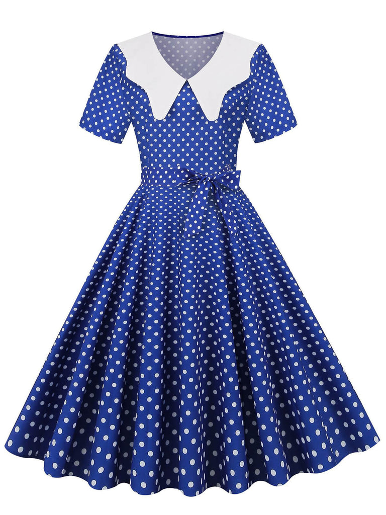 White Collar Polka Dot Swing Dress With Belt