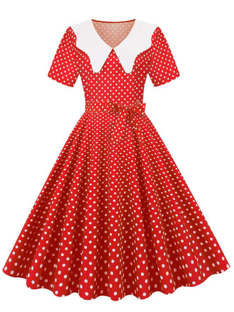 White Collar Polka Dot Swing Dress With Belt