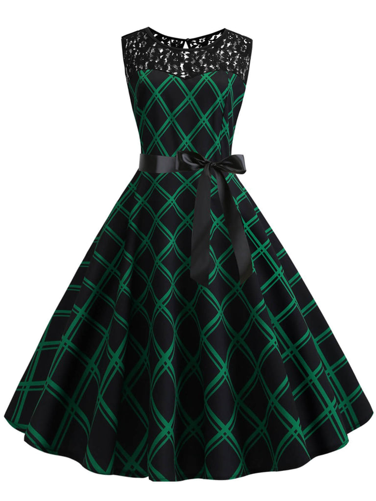 Green & Black 1950s Plaid Lace Patchwork Dress