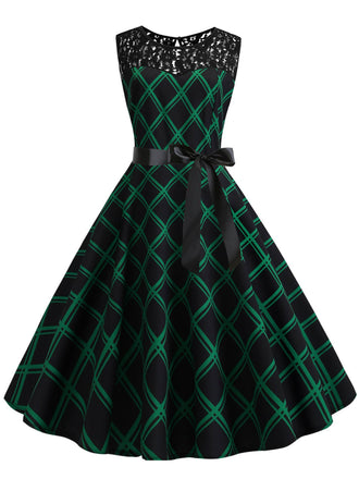 Green & Black 1950s Plaid Lace Patchwork Dress