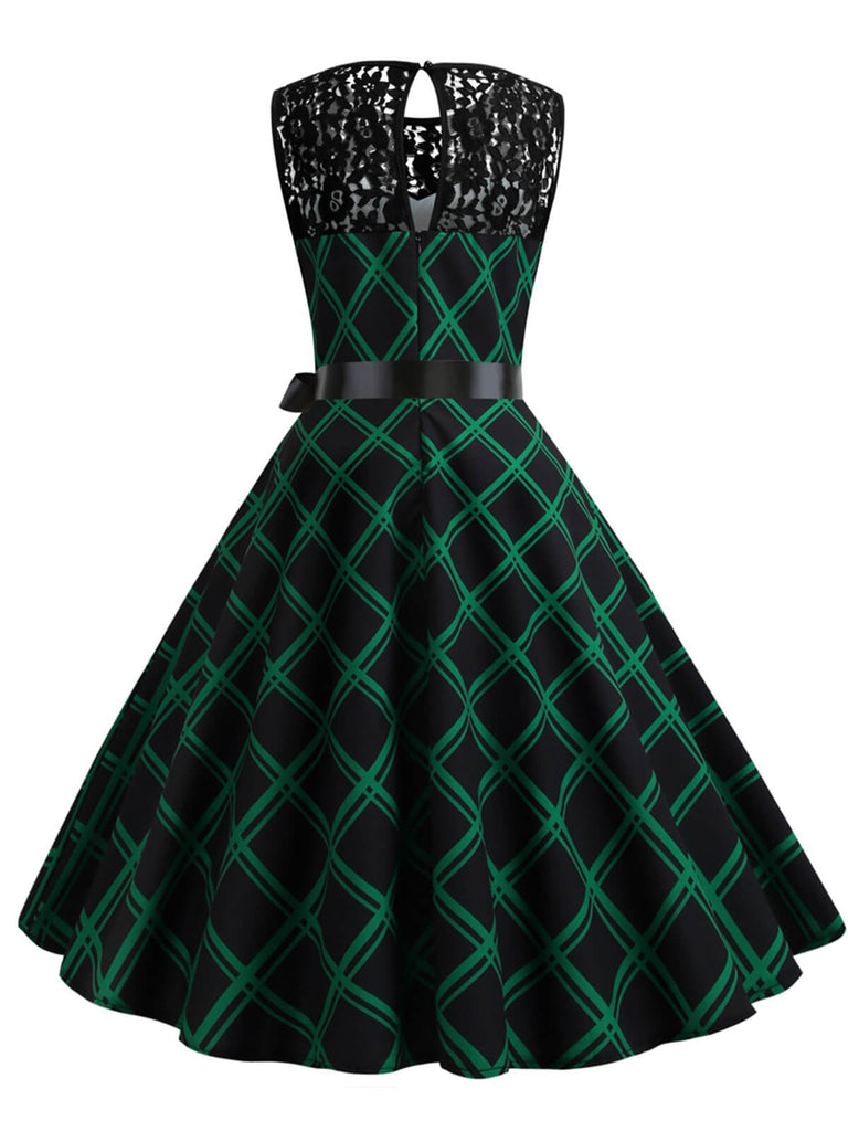 Green & Black 1950s Plaid Lace Patchwork Dress